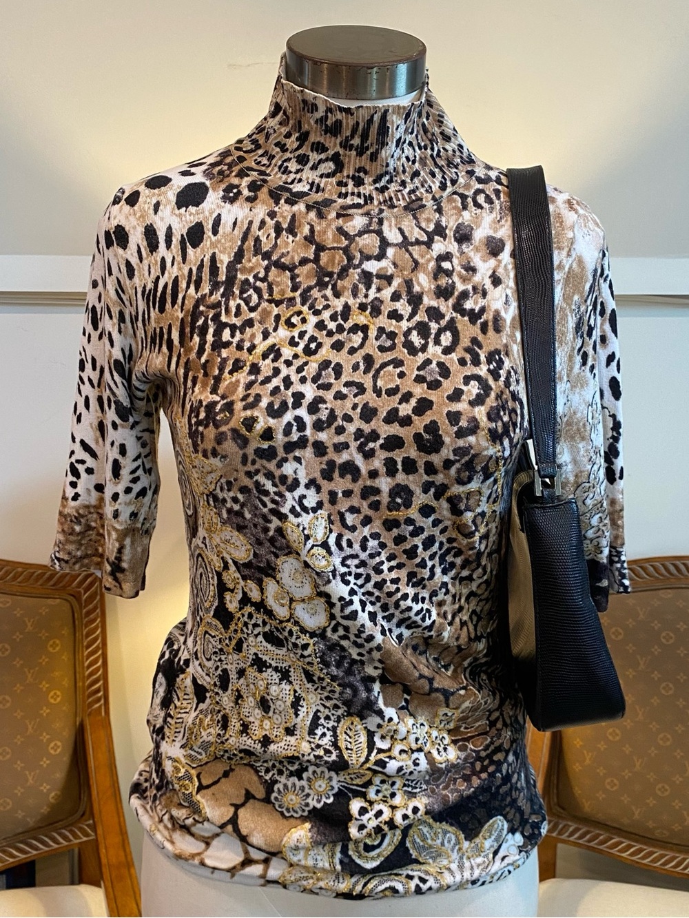 Vintage Cache Leopard Print Turtleneck Top in Brown and Black, Size Medium
